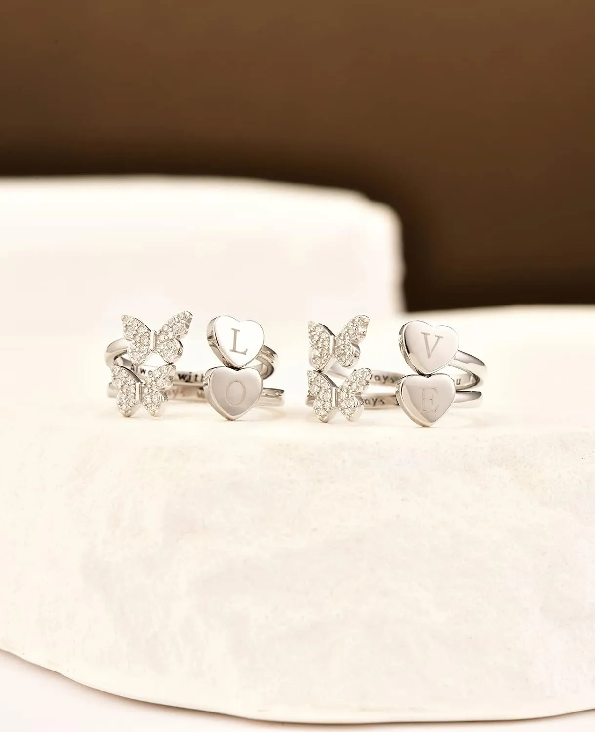 Initial Letter Ring for Women, Silver Stackable Heart Butterfly Alphabet Rings with Initial Adjustable Crystal Inlaid always with you Rings Mom Mother's Day Christmas Friendship Gift