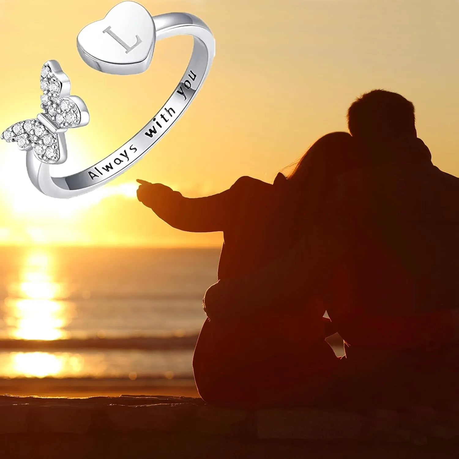 Initial Letter Ring for Women, Silver Stackable Heart Butterfly Alphabet Rings with Initial Adjustable Crystal Inlaid always with you Rings Mom Mother's Day Christmas Friendship Gift