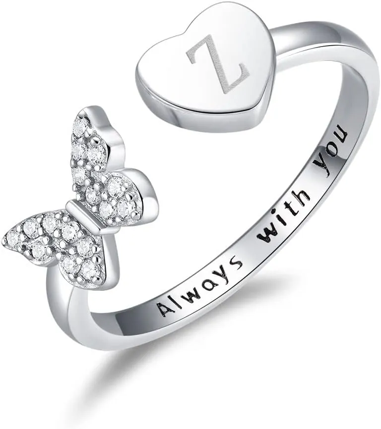 Initial Letter Ring for Women, Silver Stackable Heart Butterfly Alphabet Rings with Initial Adjustable Crystal Inlaid always with you Rings Mom Mother's Day Christmas Friendship Gift