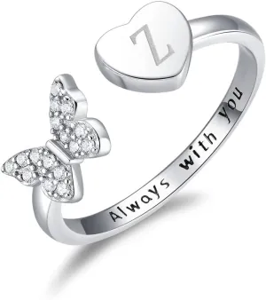 Initial Letter Ring for Women, Silver Stackable Heart Butterfly Alphabet Rings with Initial Adjustable Crystal Inlaid always with you Rings Mom Mother's Day Christmas Friendship Gift
