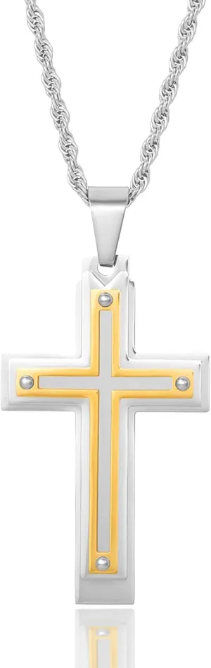 Invicta Jewelry Men's Steel Multi Layer Cross Two Tone Pendant Necklace - 24"