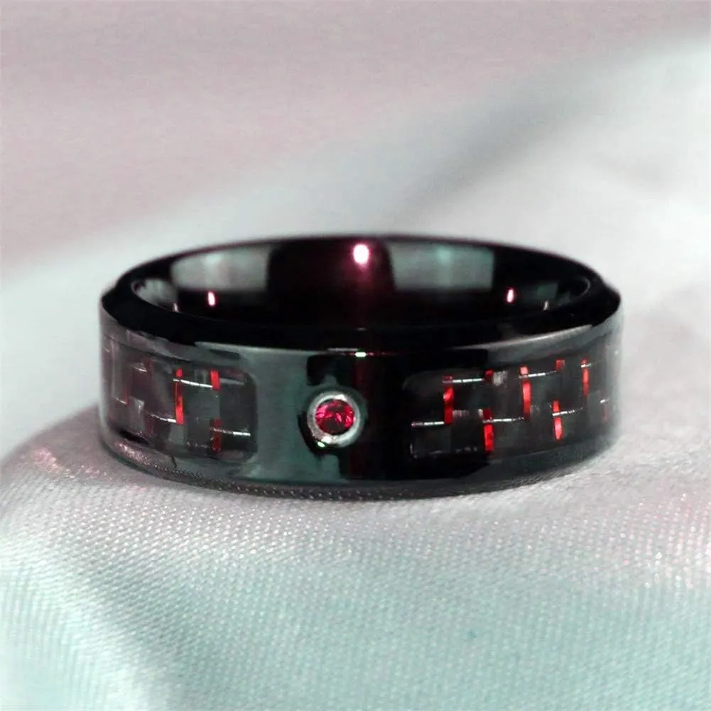 IOU 2pc Two Rings His Hers Wedding Ring Sets Couples Rings Women's Black Gold Plated Red CZ Wedding Engagement Ring Bridal Sets Men's Stainless Steel Wedding Band