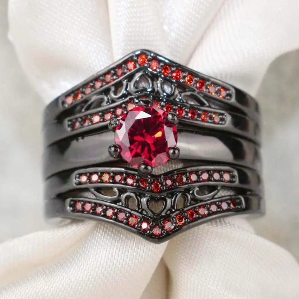 IOU 2pc Two Rings His Hers Wedding Ring Sets Couples Rings Women's Black Gold Plated Red CZ Wedding Engagement Ring Bridal Sets Men's Stainless Steel Wedding Band