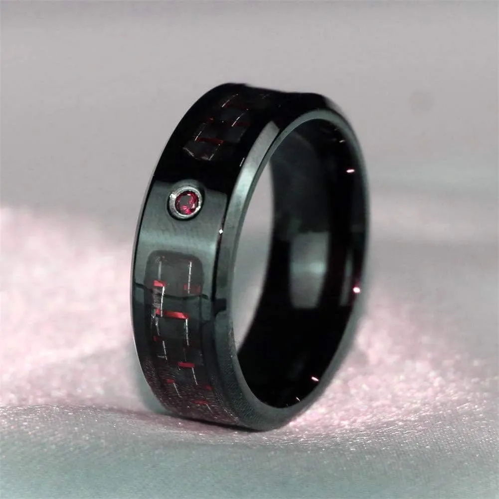 IOU 2pc Two Rings His Hers Wedding Ring Sets Couples Rings Women's Black Gold Plated Red CZ Wedding Engagement Ring Bridal Sets Men's Stainless Steel Wedding Band
