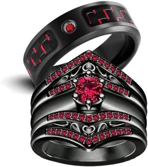 IOU 2pc Two Rings His Hers Wedding Ring Sets Couples Rings Women's Black Gold Plated Red CZ Wedding Engagement Ring Bridal Sets Men's Stainless Steel Wedding Band