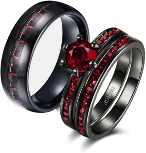 IOU 3pc His Hers Wedding Ring Sets Couples Rings Women's 2pc Black Gold Filled Red CZ Wedding Engagement Ring Bridal Sets & Men's Stainless Steel Wedding Band