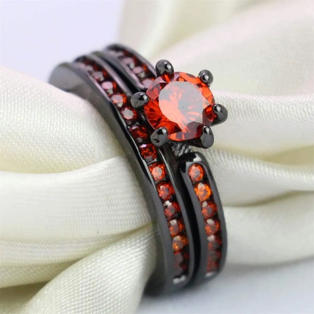 IOU 3pc His Hers Wedding Ring Sets Couples Rings Women's 2pc Black Gold Filled Red CZ Wedding Engagement Ring Bridal Sets & Men's Stainless Steel Wedding Band