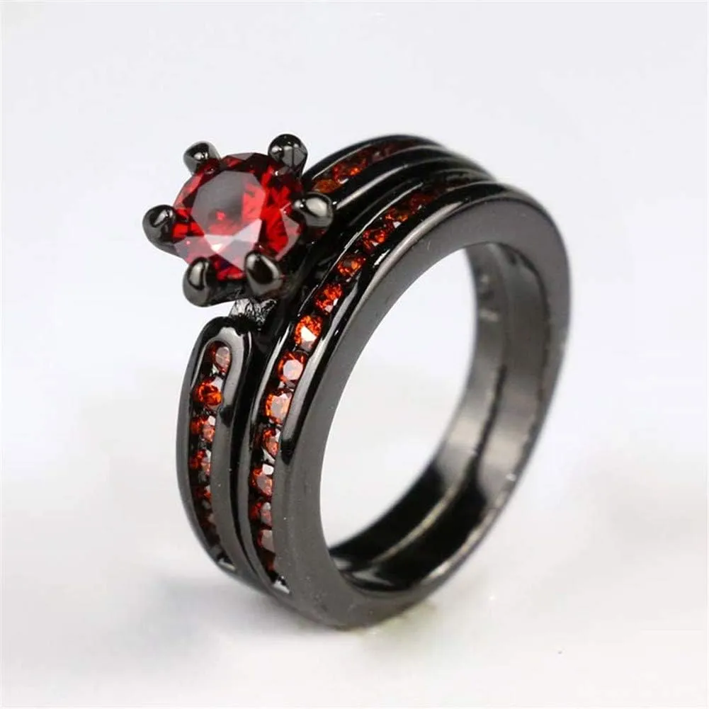 IOU 3pc His Hers Wedding Ring Sets Couples Rings Women's 2pc Black Gold Filled Red CZ Wedding Engagement Ring Bridal Sets & Men's Stainless Steel Wedding Band
