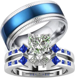 IOU 3pc Two Rings His Hers Wedding Ring Sets Couples Rings Women's White Gold Plated Heart CZ Wedding Engagement Ring Bridal Sets Men's Tungsten Carbide Wedding Band
