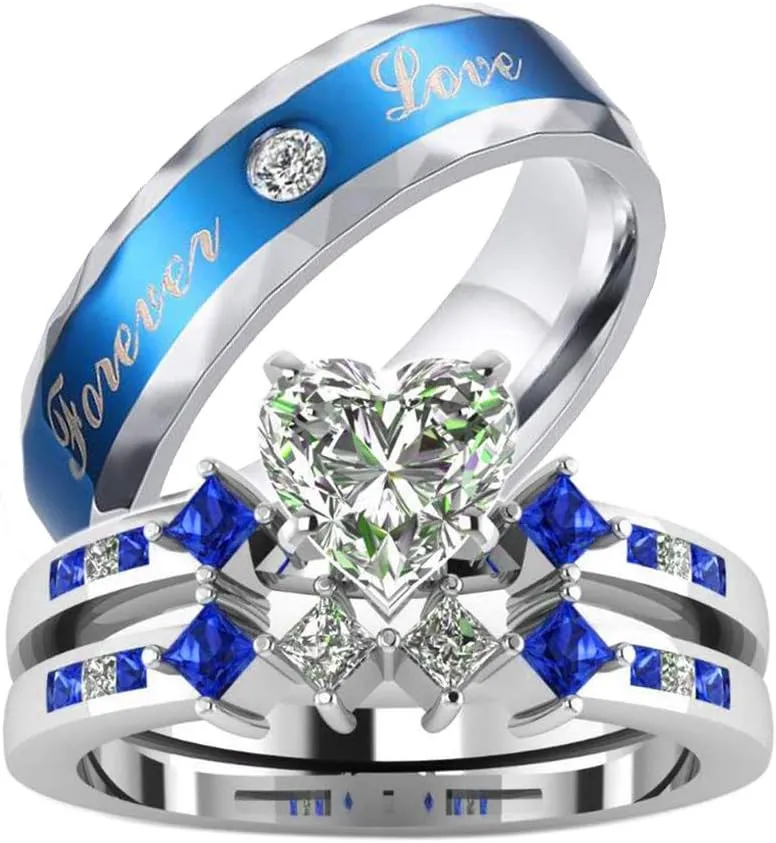 IOU 3pc Two Rings His Hers Wedding Ring Sets Couples Rings Women's White Gold Plated Heart CZ Wedding Engagement Ring Bridal Sets Men's Tungsten Carbide Wedding Band