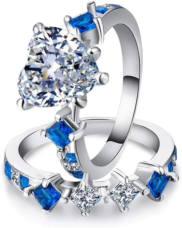 IOU 3pc Two Rings His Hers Wedding Ring Sets Couples Rings Women's White Gold Plated Heart CZ Wedding Engagement Ring Bridal Sets Men's Tungsten Carbide Wedding Band