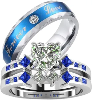 IOU 3pc Two Rings His Hers Wedding Ring Sets Couples Rings Women's White Gold Plated Heart CZ Wedding Engagement Ring Bridal Sets Men's Tungsten Carbide Wedding Band
