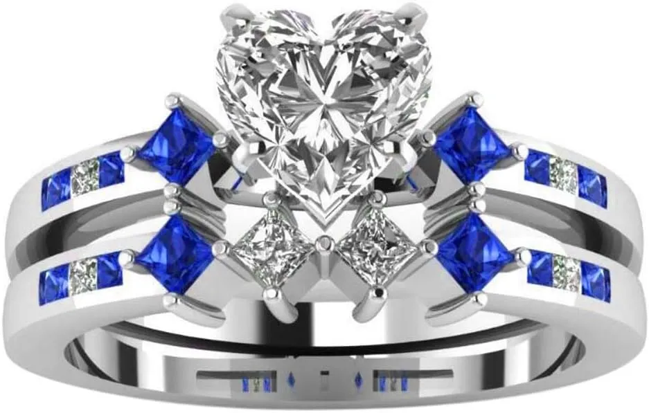 IOU 3pc Two Rings His Hers Wedding Ring Sets Couples Rings Women's White Gold Plated Heart CZ Wedding Engagement Ring Bridal Sets Men's Tungsten Carbide Wedding Band