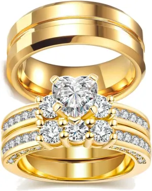 IOU 3pc Two Rings His Hers Wedding Ring Sets Couples Rings Women's Yellow Gold Plated Heart CZ Wedding Engagement Ring Bridal Sets Men's Stainless Steel Wedding Band