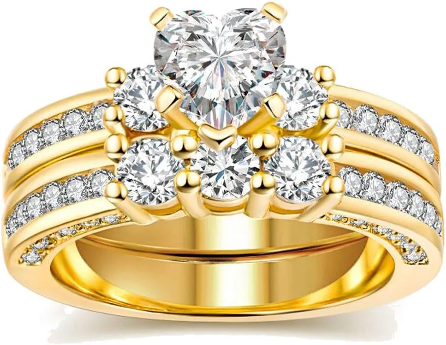 IOU 3pc Two Rings His Hers Wedding Ring Sets Couples Rings Women's Yellow Gold Plated Heart CZ Wedding Engagement Ring Bridal Sets Men's Stainless Steel Wedding Band