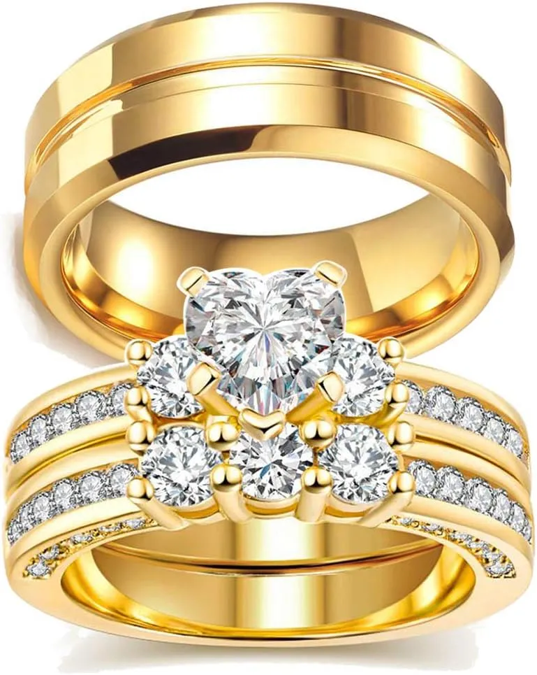 IOU 3pc Two Rings His Hers Wedding Ring Sets Couples Rings Women's Yellow Gold Plated Heart CZ Wedding Engagement Ring Bridal Sets Men's Stainless Steel Wedding Band