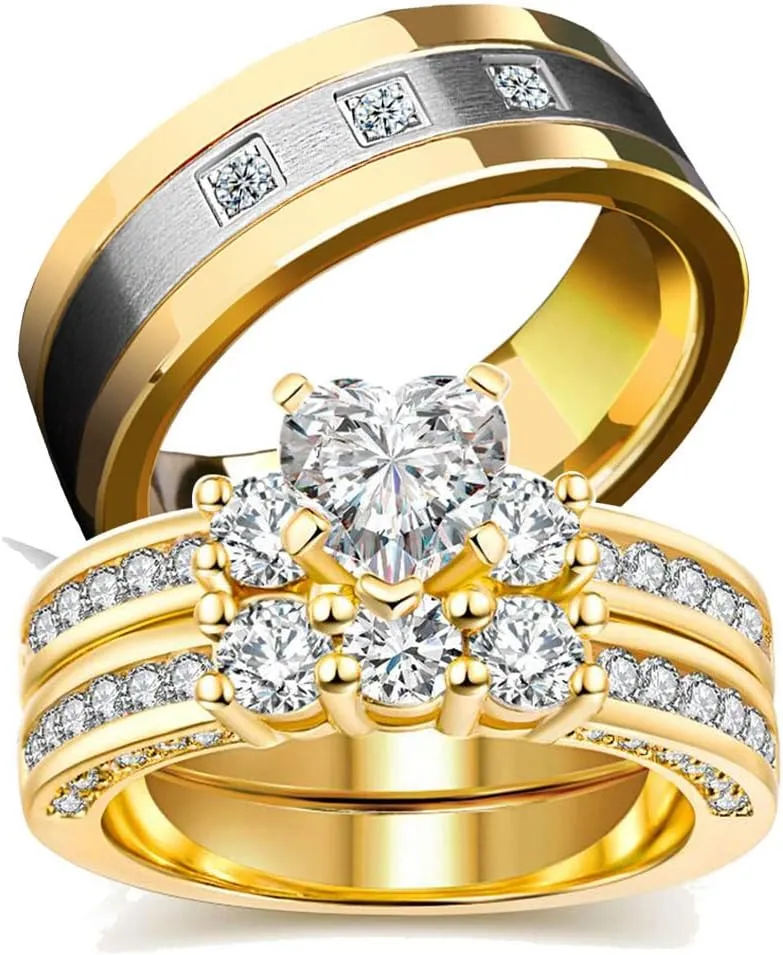 IOU 3pc Two Rings His Hers Wedding Ring Sets Couples Rings Women's Yellow Gold Plated Heart CZ Wedding Engagement Ring Bridal Sets Men's Stainless Steel Wedding Band