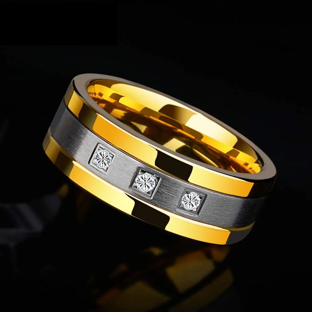 IOU 3pc Two Rings His Hers Wedding Ring Sets Couples Rings Women's Yellow Gold Plated Heart CZ Wedding Engagement Ring Bridal Sets Men's Stainless Steel Wedding Band