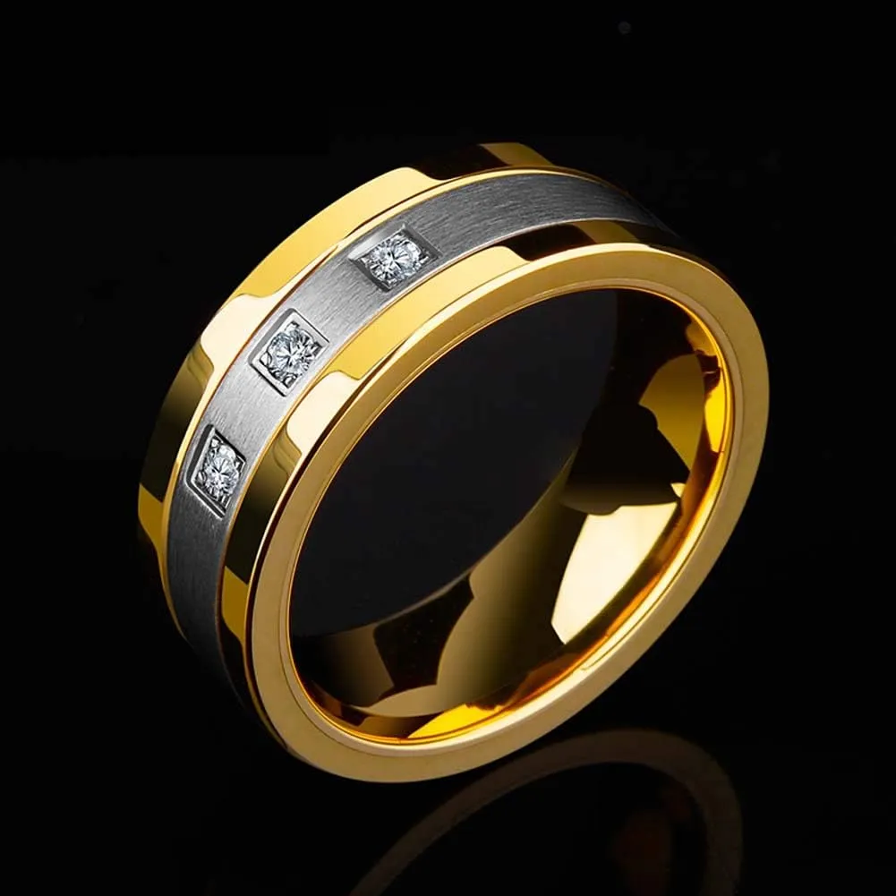 IOU 3pc Two Rings His Hers Wedding Ring Sets Couples Rings Women's Yellow Gold Plated Heart CZ Wedding Engagement Ring Bridal Sets Men's Stainless Steel Wedding Band