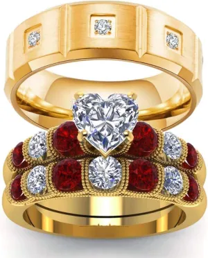 IOU 3pc Two Rings His Hers Wedding Ring Sets Couples Rings Women's Yellow Gold Plated Round CZ Wedding Engagement Ring Bridal Sets Men's Stainless Steel Wedding Band