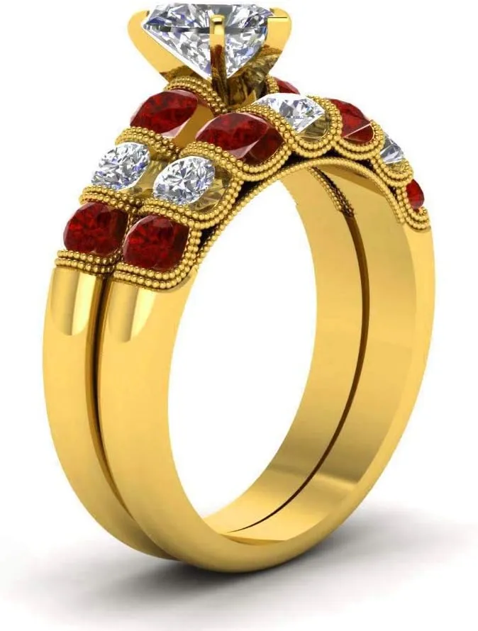 IOU 3pc Two Rings His Hers Wedding Ring Sets Couples Rings Women's Yellow Gold Plated Round CZ Wedding Engagement Ring Bridal Sets Men's Stainless Steel Wedding Band