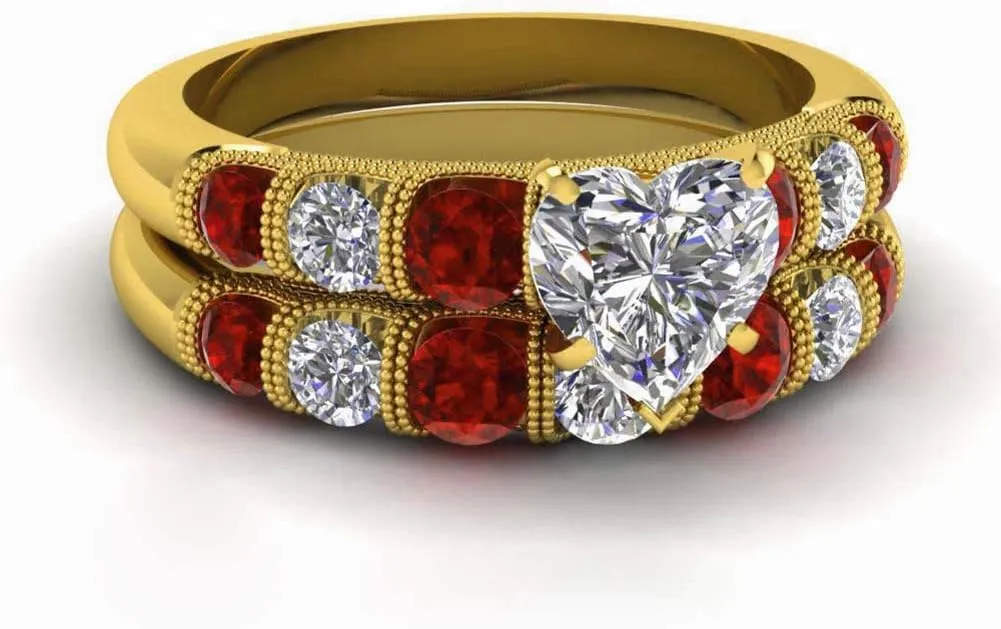 IOU 3pc Two Rings His Hers Wedding Ring Sets Couples Rings Women's Yellow Gold Plated Round CZ Wedding Engagement Ring Bridal Sets Men's Stainless Steel Wedding Band