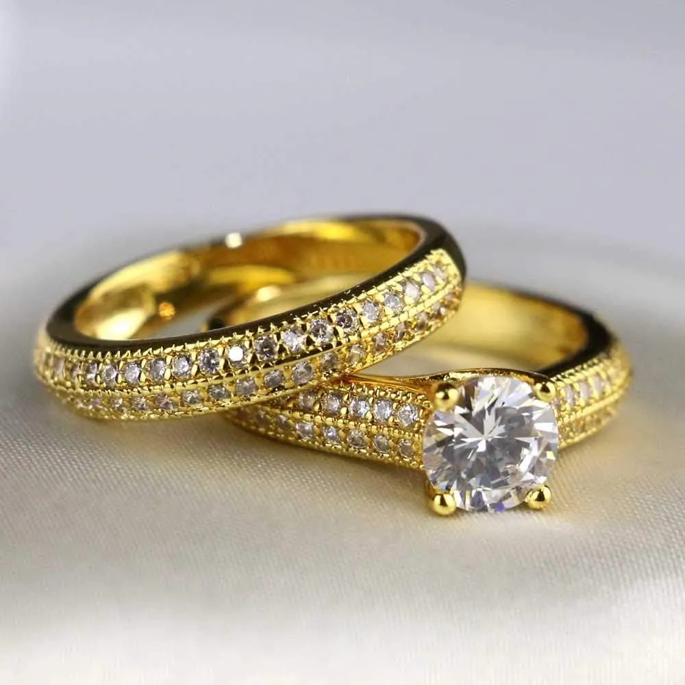 IOU 3pc Two Rings His Hers Wedding Ring Sets Couples Rings Women's Yellow Gold Plated Round CZ Wedding Engagement Ring Bridal Sets Men's Stainless Steel Wedding Band