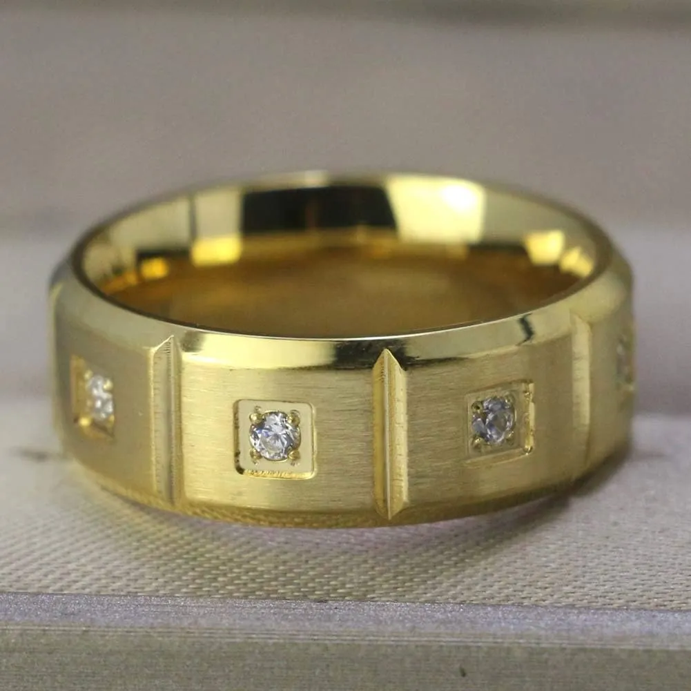IOU 3pc Two Rings His Hers Wedding Ring Sets Couples Rings Women's Yellow Gold Plated Round CZ Wedding Engagement Ring Bridal Sets Men's Stainless Steel Wedding Band