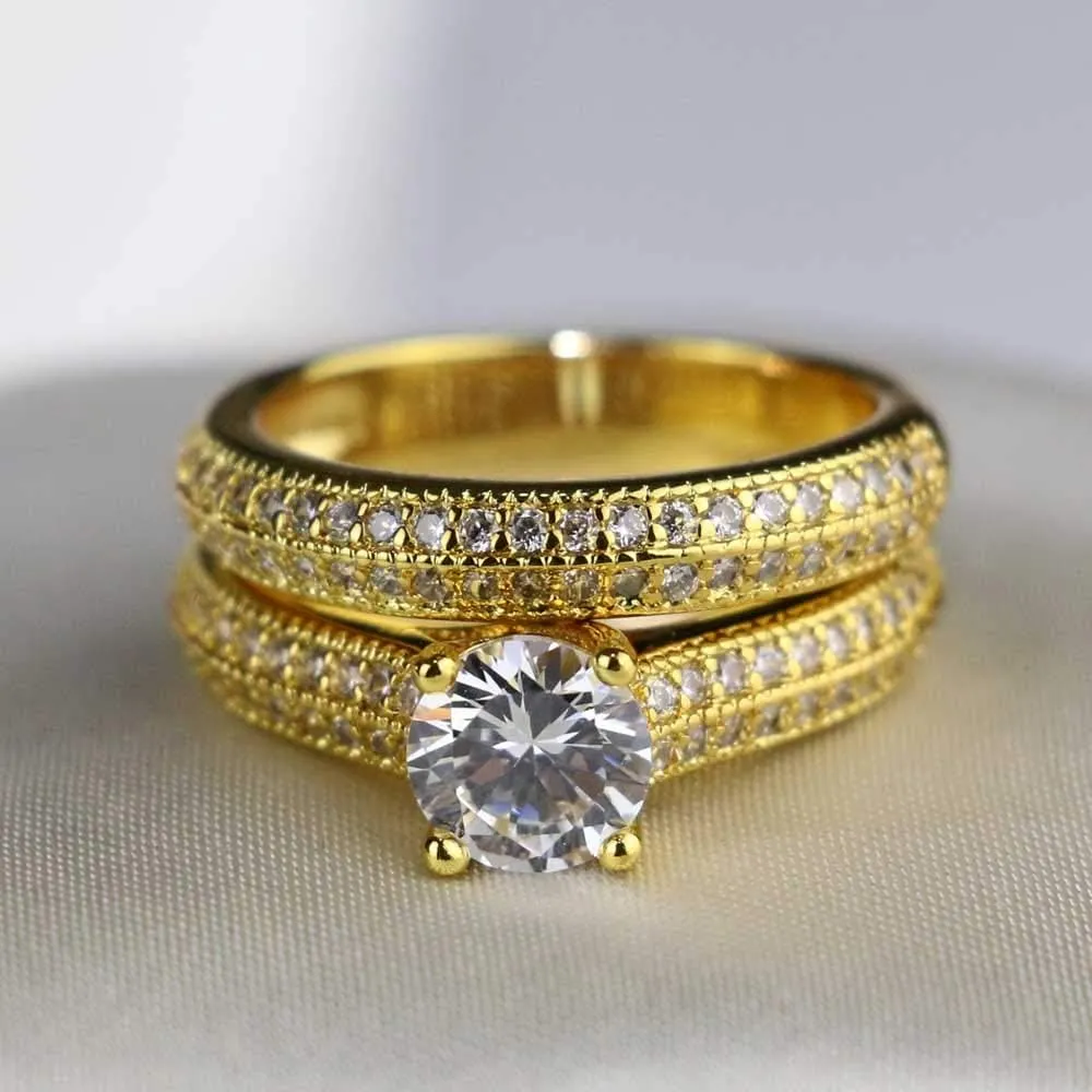 IOU 3pc Two Rings His Hers Wedding Ring Sets Couples Rings Women's Yellow Gold Plated Round CZ Wedding Engagement Ring Bridal Sets Men's Stainless Steel Wedding Band