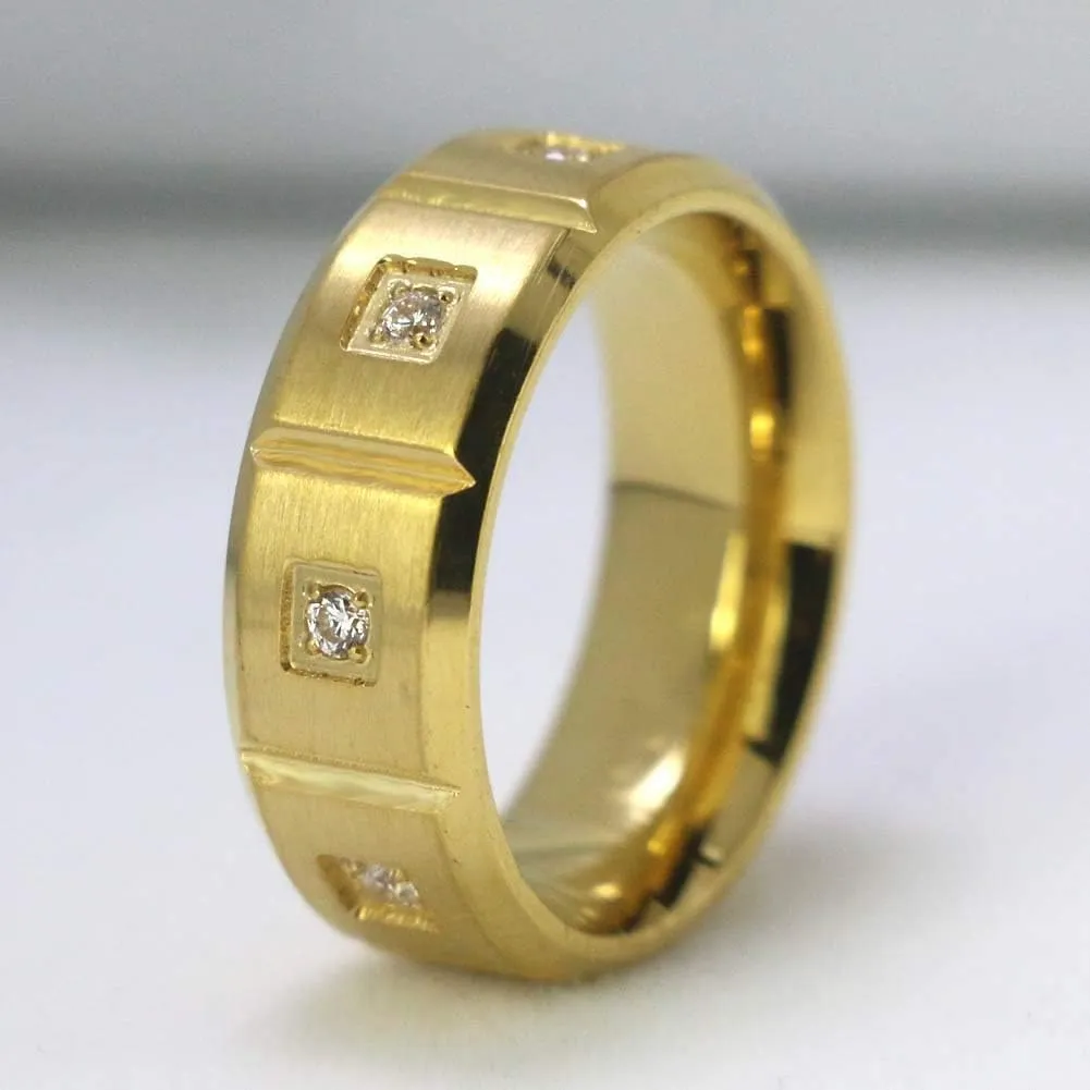 IOU 3pc Two Rings His Hers Wedding Ring Sets Couples Rings Women's Yellow Gold Plated Round CZ Wedding Engagement Ring Bridal Sets Men's Stainless Steel Wedding Band