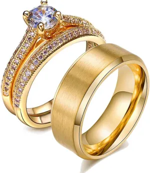 IOU 3pc Two Rings His Hers Wedding Ring Sets Couples Rings Women's Yellow Gold Plated Round CZ Wedding Engagement Ring Bridal Sets Men's Stainless Steel Wedding Band