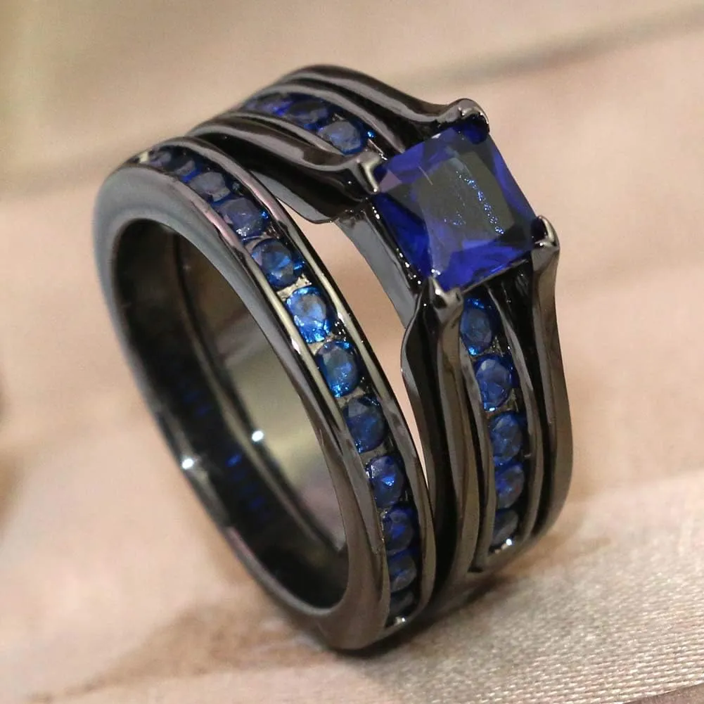 IOU His Hers Wedding Ring Sets Couples Rings Women's Black Gold Plated Blue Cz Ring Wedding Engagement Ring Bridal Sets Men's Stainless Steel Wedding Band