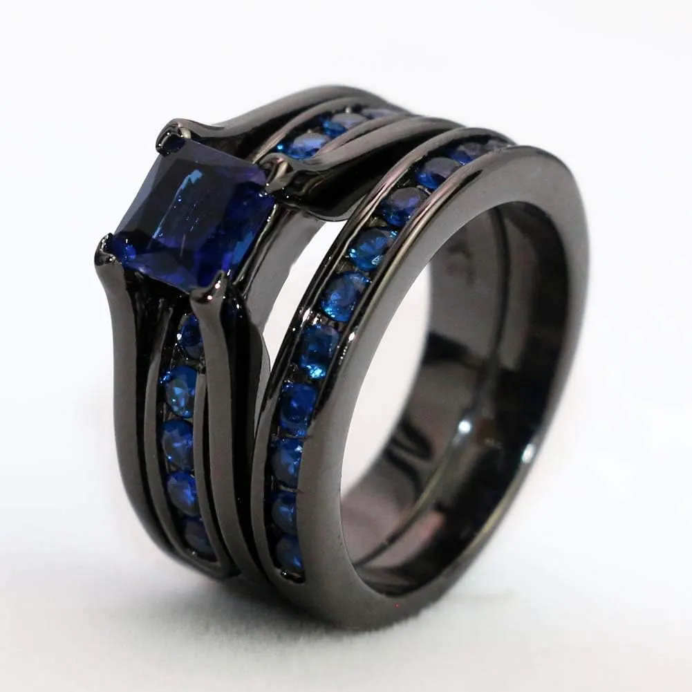 IOU His Hers Wedding Ring Sets Couples Rings Women's Black Gold Plated Blue Cz Ring Wedding Engagement Ring Bridal Sets Men's Stainless Steel Wedding Band