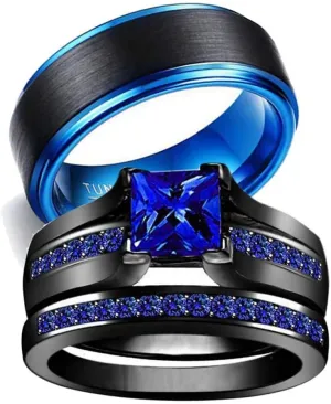 IOU His Hers Wedding Ring Sets Couples Rings Women's Black Gold Plated Blue Cz Ring Wedding Engagement Ring Bridal Sets Men's Stainless Steel Wedding Band