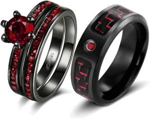 IOU His Hers Wedding Ring Sets Couples Rings Women's Black Gold Plated Red Cz Ring Wedding Engagement Ring Bridal Sets Men's Stainless Steel Wedding Band