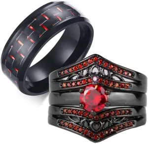 IOU His Hers Wedding Ring Sets Couples Rings Women's Black Gold Plated Red Cz Ring Wedding Engagement Ring Bridal Sets Men's Stainless Steel Wedding Band
