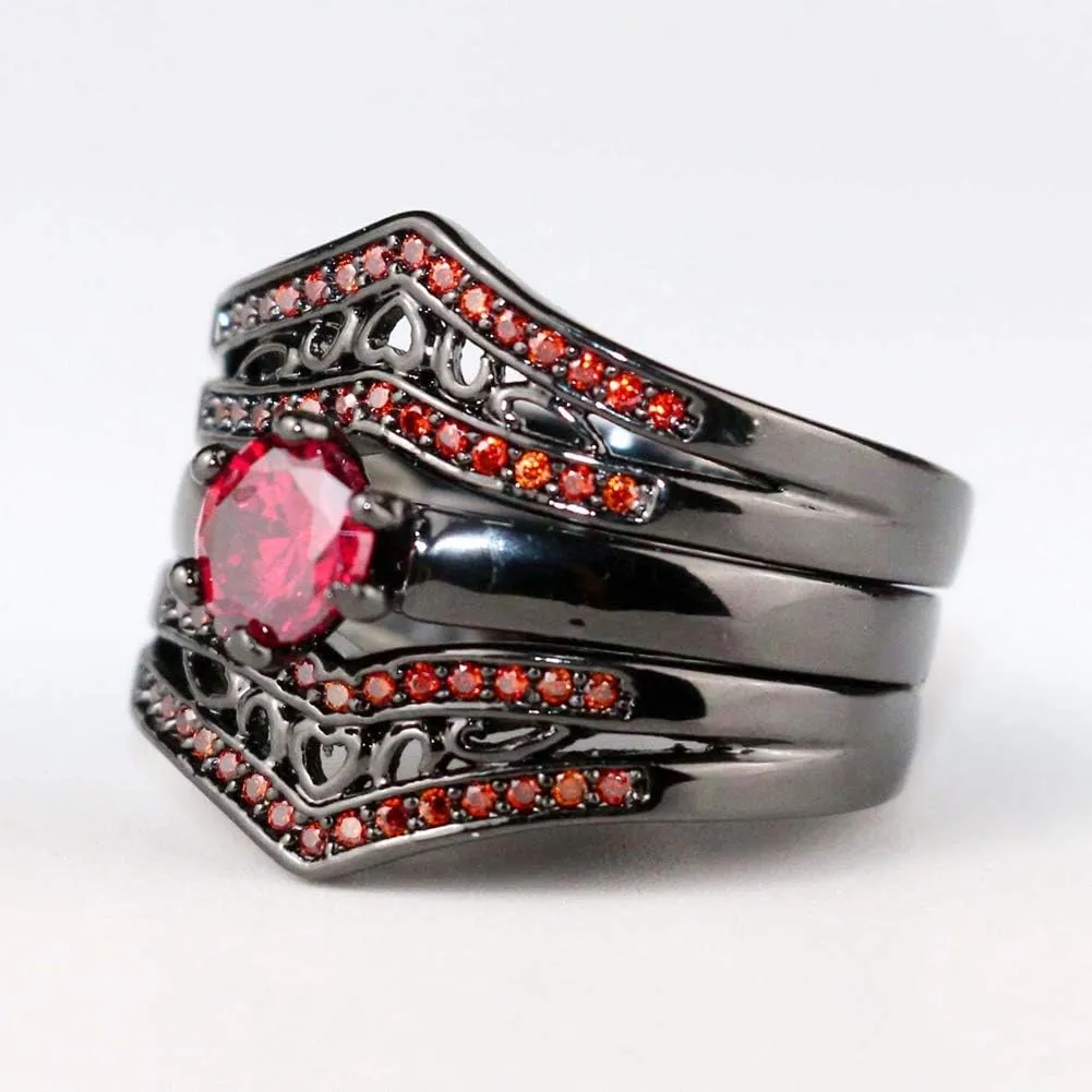 IOU His Hers Wedding Ring Sets Couples Rings Women's Black Gold Plated Red Cz Ring Wedding Engagement Ring Bridal Sets Men's Stainless Steel Wedding Band
