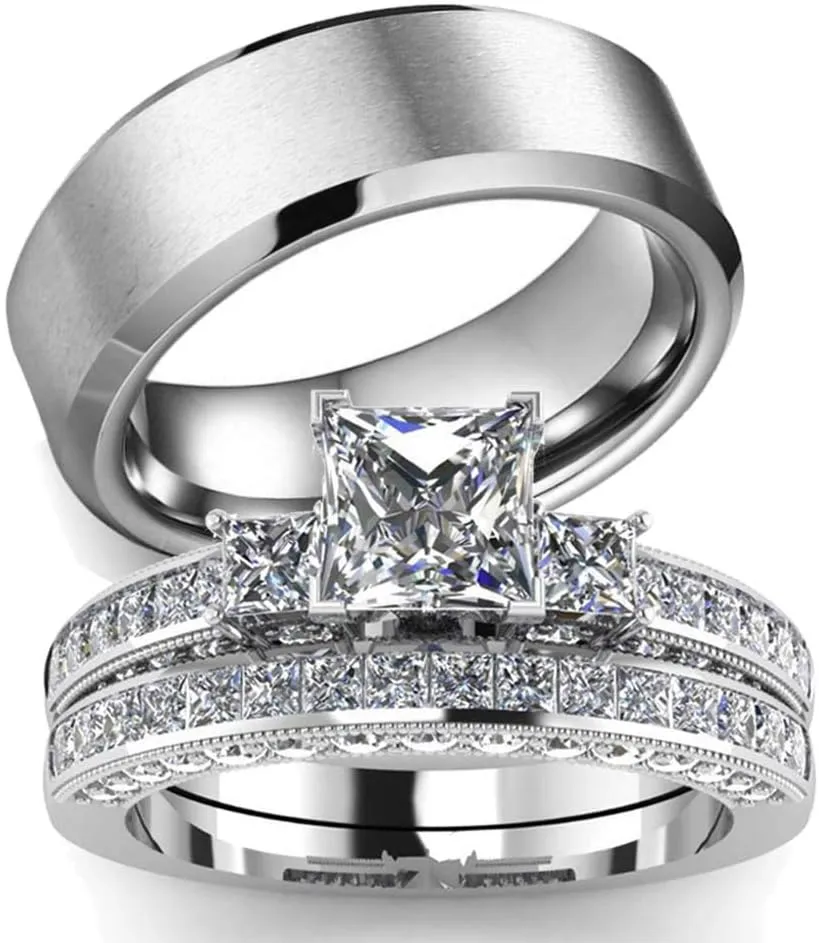 IOU His Hers Wedding Ring Sets Couples Rings Women's White Gold Plated Ring Wedding Engagement Ring Bridal Sets Men's Stainless Steel Wedding Band