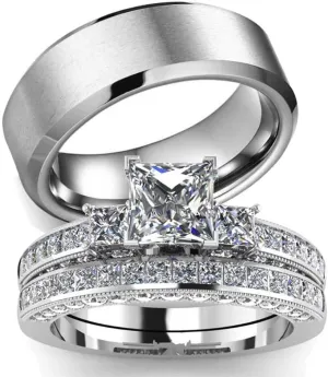 IOU His Hers Wedding Ring Sets Couples Rings Women's White Gold Plated Ring Wedding Engagement Ring Bridal Sets Men's Stainless Steel Wedding Band