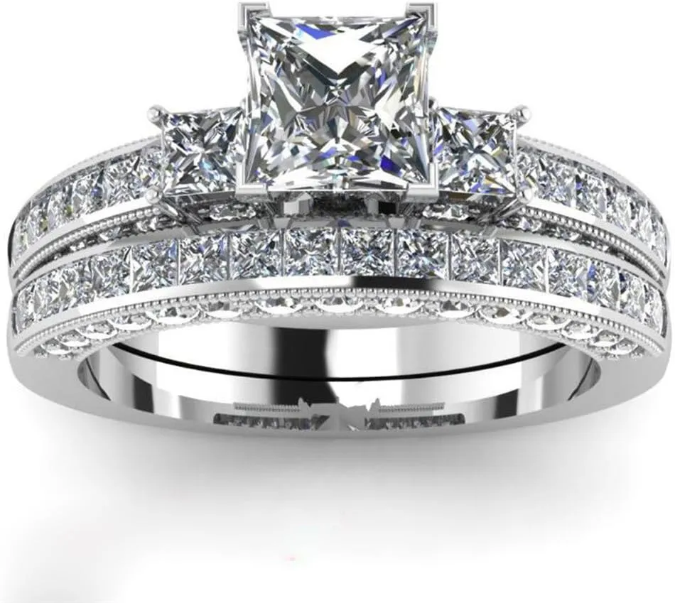 IOU His Hers Wedding Ring Sets Couples Rings Women's White Gold Plated Ring Wedding Engagement Ring Bridal Sets Men's Stainless Steel Wedding Band