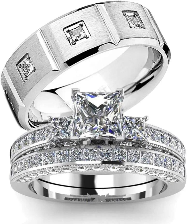 IOU His Hers Wedding Ring Sets Couples Rings Women's White Gold Plated White cz Ring Set Wedding Engagement Ring Bridal Sets Men's Stainless Steel Wedding Band