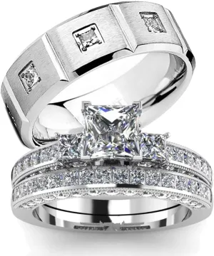 IOU His Hers Wedding Ring Sets Couples Rings Women's White Gold Plated White cz Ring Set Wedding Engagement Ring Bridal Sets Men's Stainless Steel Wedding Band