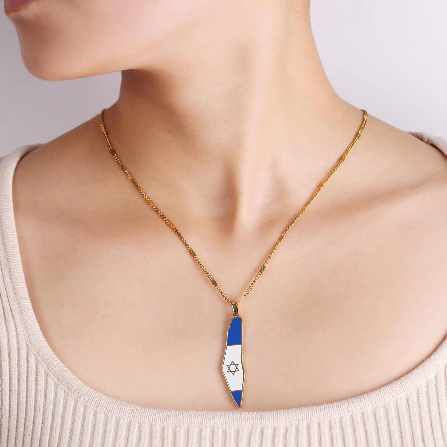 Israel Flag Pendant Necklace, Stainless Steel Jewish Pride Jewelry, Star of David Necklace for Men and Women, Holy Land Souvenir, Hebrew Heritage Gift Y5139