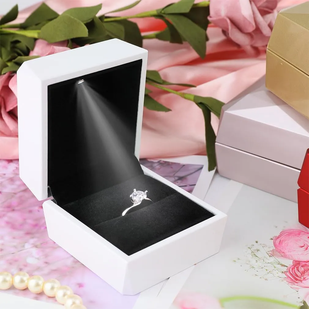iSuperb Ring Box Proposal Engagement Square Ring Boxes with LED Light Case Jewelry Gift Box for Proposal Wedding Anniversary (White)