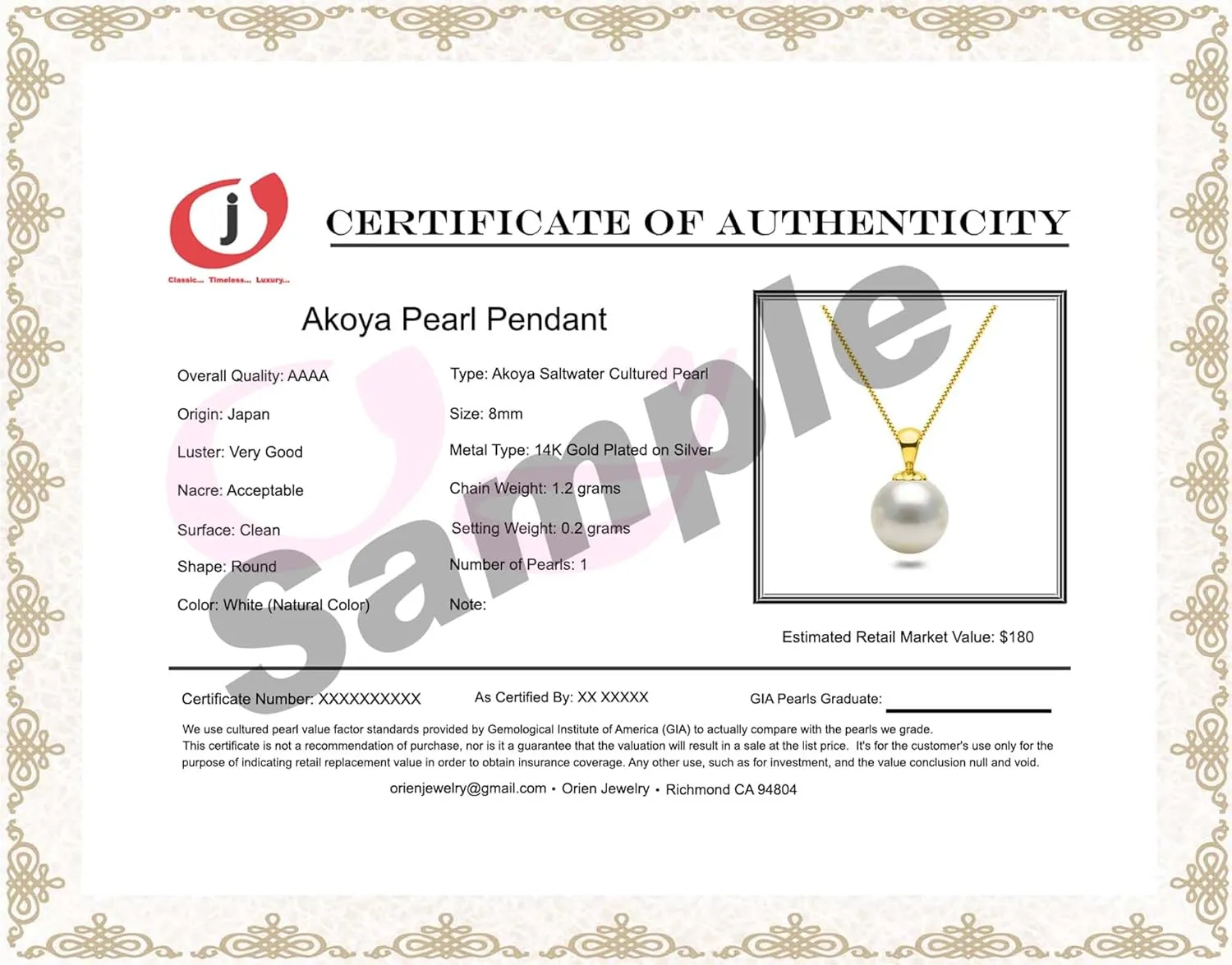 Japanese Akoya Cultured Pearl Pendant Necklace AAAA Graded 6-10mm White Necklace Pendant with Sterling Silver Setting and Matching 16 or 18 Inch Chain - Orien Jewelry