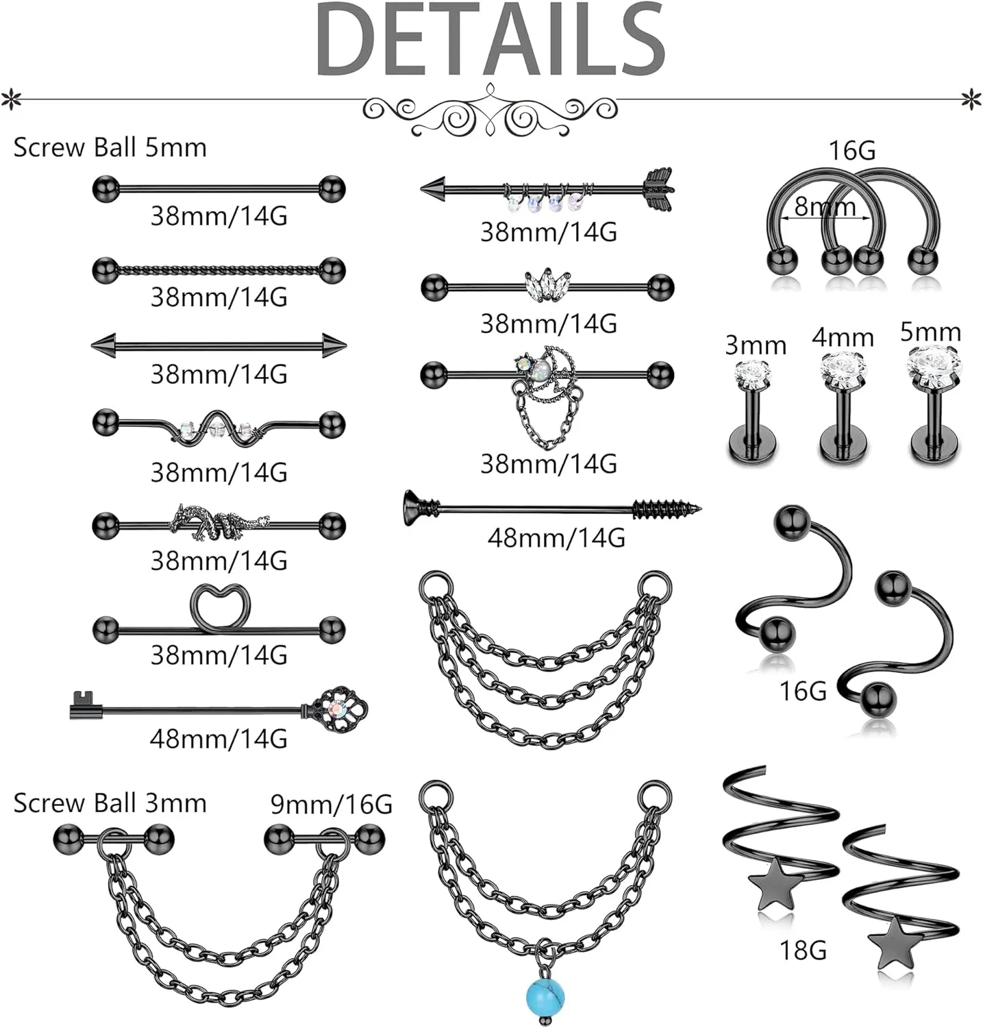 JeryWe 20-23Pcs Stainless Steel Industrial Surgical Jewelry Earrings 14g 16g - Barbell, Chain, Cartilage, Helix Piercing Sets for Men & Women