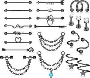 JeryWe 20-23Pcs Stainless Steel Industrial Surgical Jewelry Earrings 14g 16g - Barbell, Chain, Cartilage, Helix Piercing Sets for Men & Women