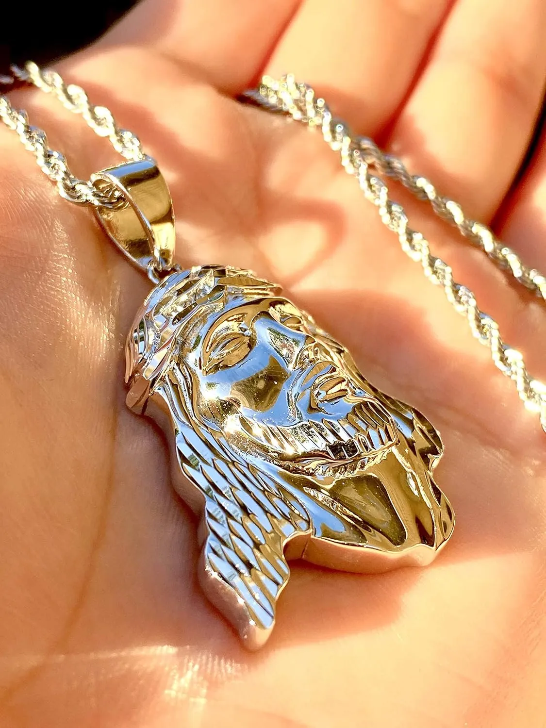 Jesus Peace M Men Women 925 Italy Iced Silver Charm Ice Out Pendant Stainless Steel Real 3 mm Rope Chain, Mans Jewelry, Iced Pendant, Rope Necklace 16"- 24"