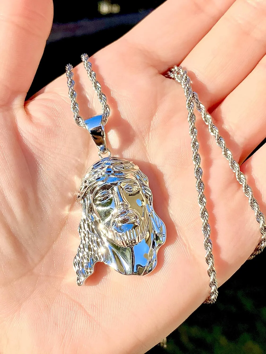 Jesus Peace M Men Women 925 Italy Iced Silver Charm Ice Out Pendant Stainless Steel Real 3 mm Rope Chain, Mans Jewelry, Iced Pendant, Rope Necklace 16"- 24"