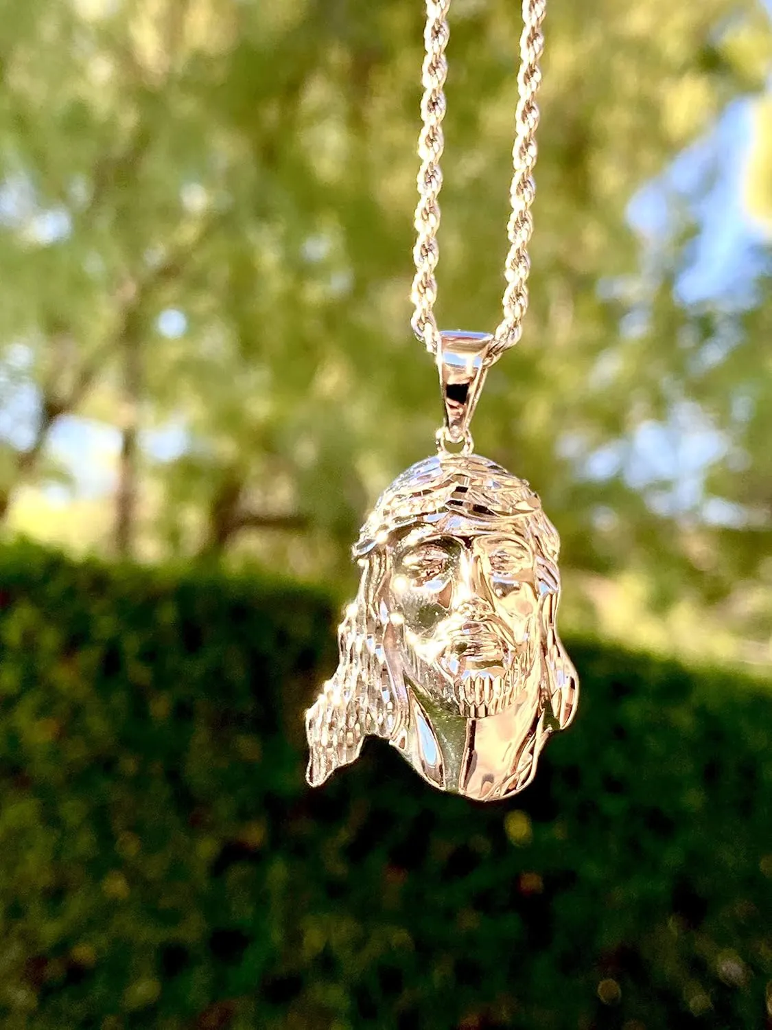 Jesus Peace M Men Women 925 Italy Iced Silver Charm Ice Out Pendant Stainless Steel Real 3 mm Rope Chain, Mans Jewelry, Iced Pendant, Rope Necklace 16"- 24"